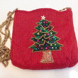 Small Beaded Red Bag/ Sequined Christmas Tree / Gold Chain